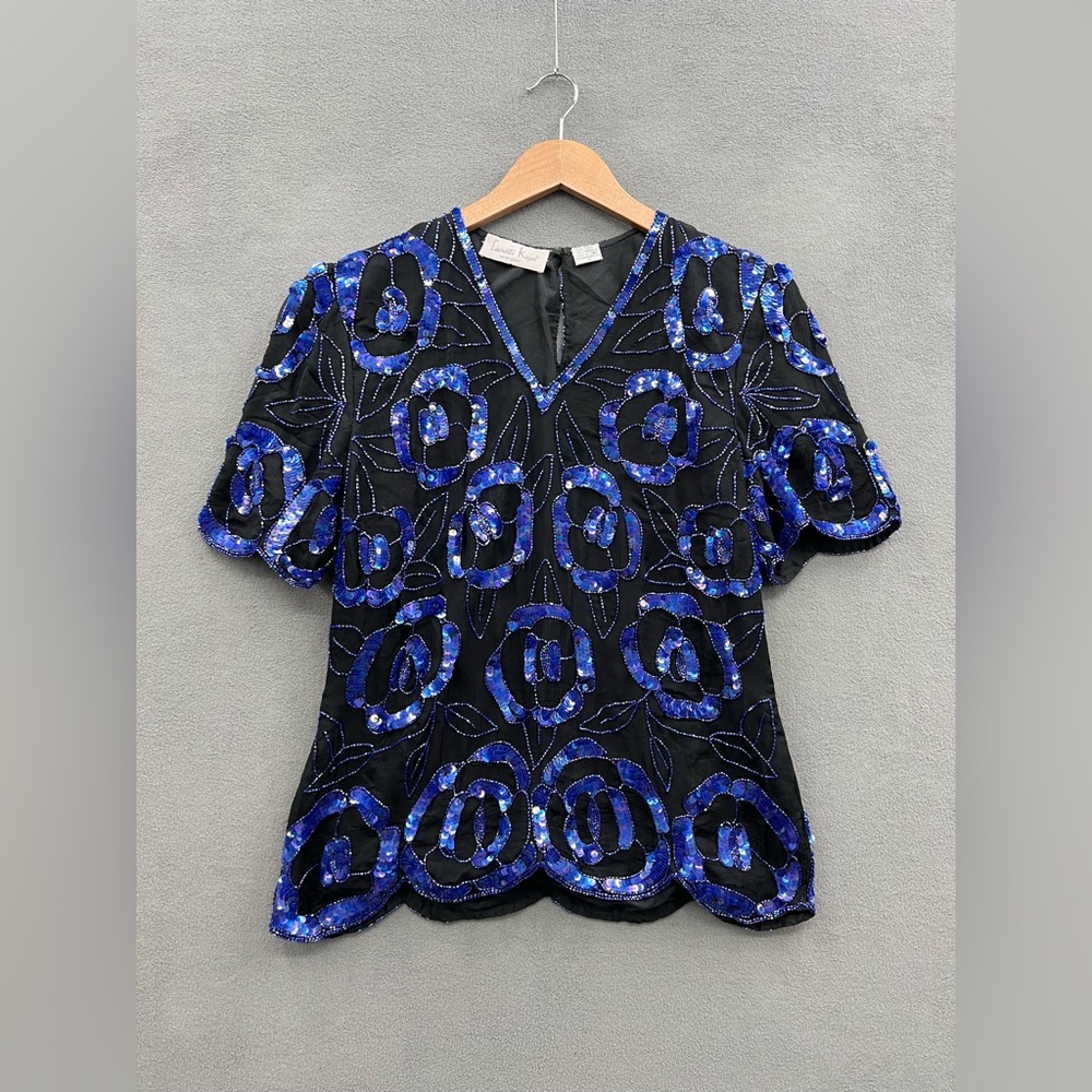 Vintage Lawrence Kazar Size Small Silk Black With Blue Sequin Top